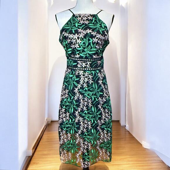$178 Sam Edelman Embroide Black Green Floral Lace Midi Holiday Cocktail Dress 4